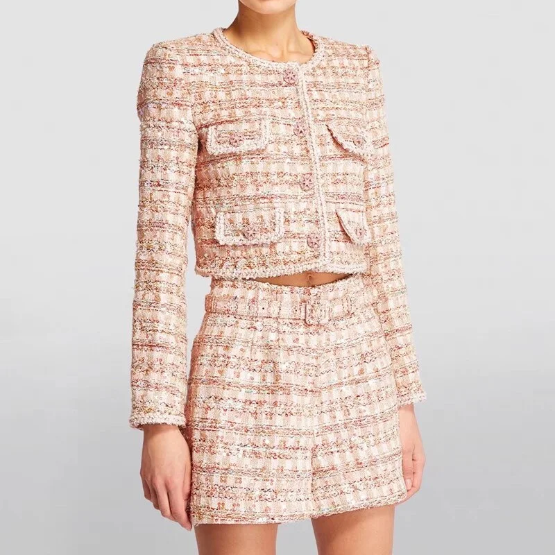 Women Pink tweed sequin studded set fashion long sleeve short coat + high waist shorts
Women Pink tweed sequin studded set fashion long sleeve short coat + high waist shorts