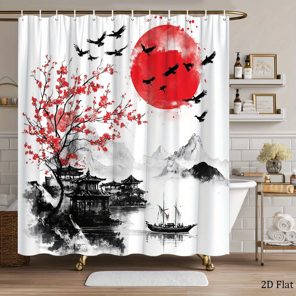 Shower curtain with red sun, flying crows, cherry blossoms, and traditional landscape patterns; polyester fabric; bathroom décor
Shower curtain with red sun, flying crows, cherry blossoms, and traditional landscape patterns; polyester fabric; bathroom décor