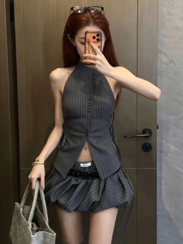 Street Style Grey Striped Backless Neck Hanging Top Skirt Set Women's Fashion Summer Breathable Short Sleeve Button down Slim...
Street Style Grey Striped Backless Neck Hanging Top Skirt Set Women's Fashion Summer Breathable Short Sleeve Button down Slim...