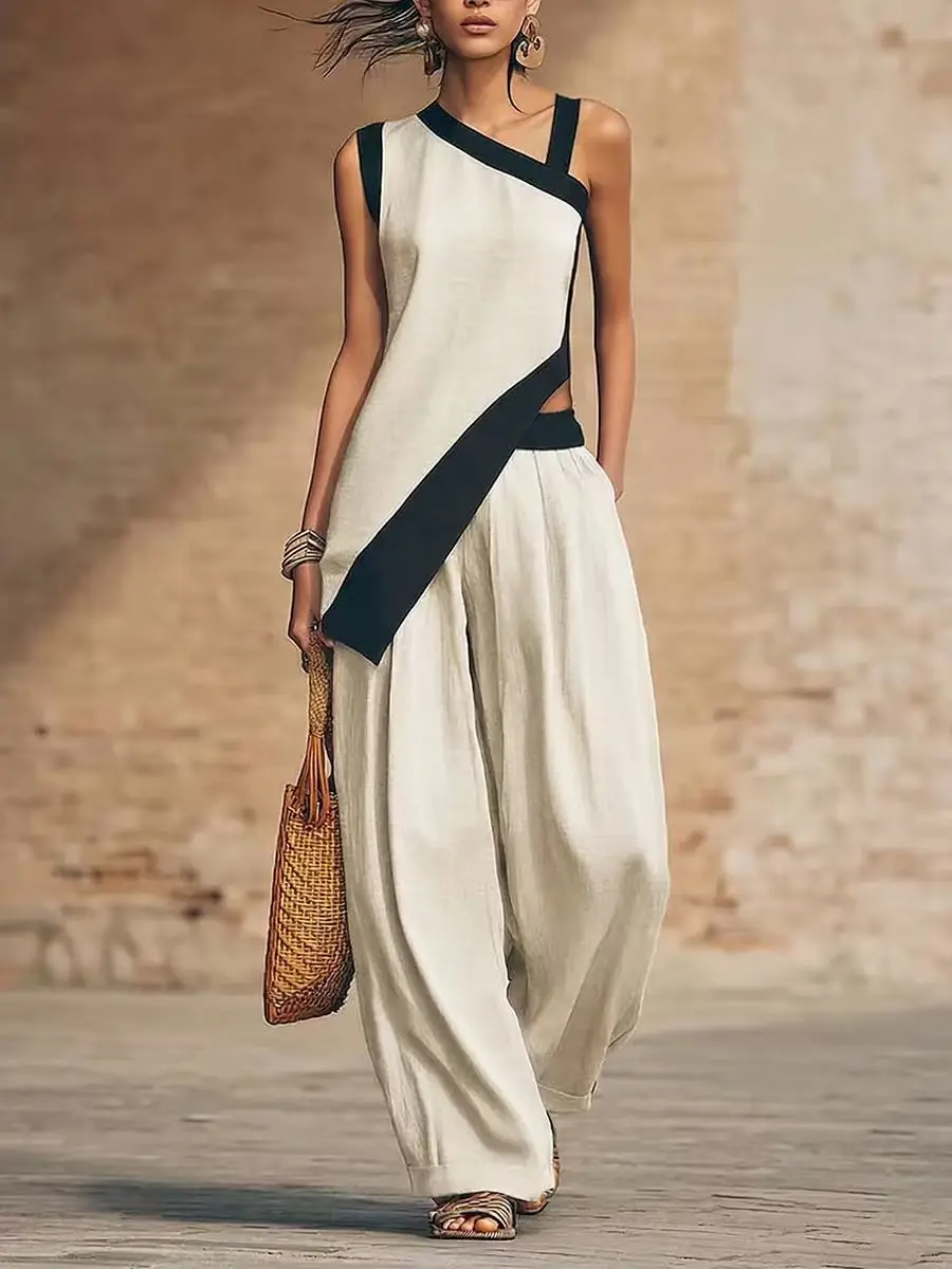 New Women Summer Sexy Sleeveless Color Block Wide Leg Pants Casual Outfits Retro Irregular Top And Pants Set Vacation Streetwear
New Women Summer Sexy Sleeveless Color Block Wide Leg Pants Casual Outfits Retro Irregular Top And Pants Set Vacation Streetwear
