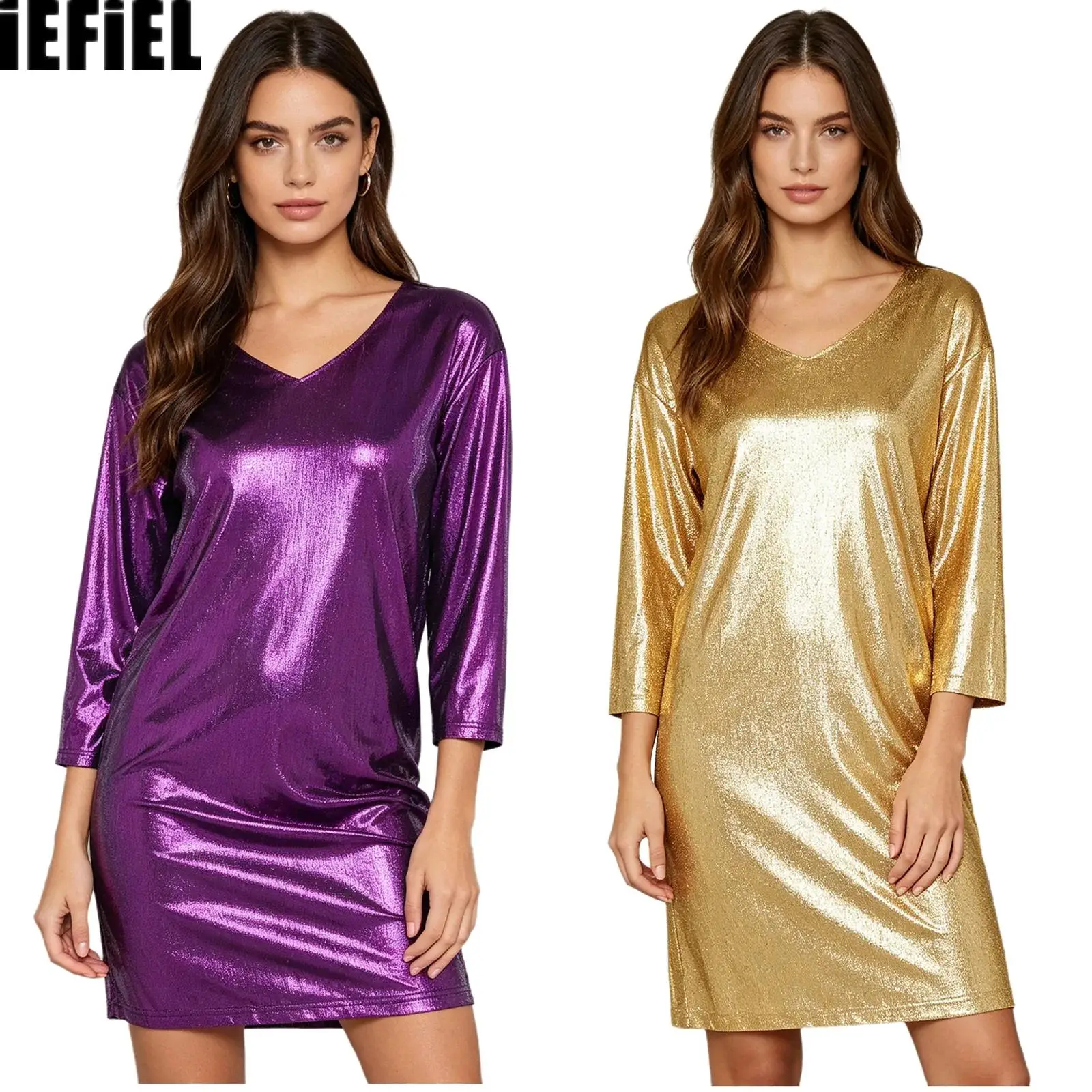 Women Metallic Shiny Disco Pullover Dress V Neck 3/4 Sleeve Side Pockets Split Hem Loose Fitting Shirt Dress for Party
Women Metallic Shiny Disco Pullover Dress V Neck 3/4 Sleeve Side Pockets Split Hem Loose Fitting Shirt Dress for Party