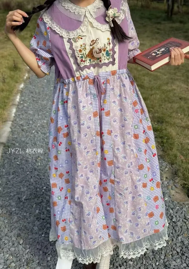 Women Cotton Floral Embroidery Vintage Patchwork Purple Midi Dress Sweet Lolita Cottage Core Ruffled Lace Long Dress
Women Cotton Floral Embroidery Vintage Patchwork Purple Midi Dress Sweet Lolita Cottage Core Ruffled Lace Long Dress