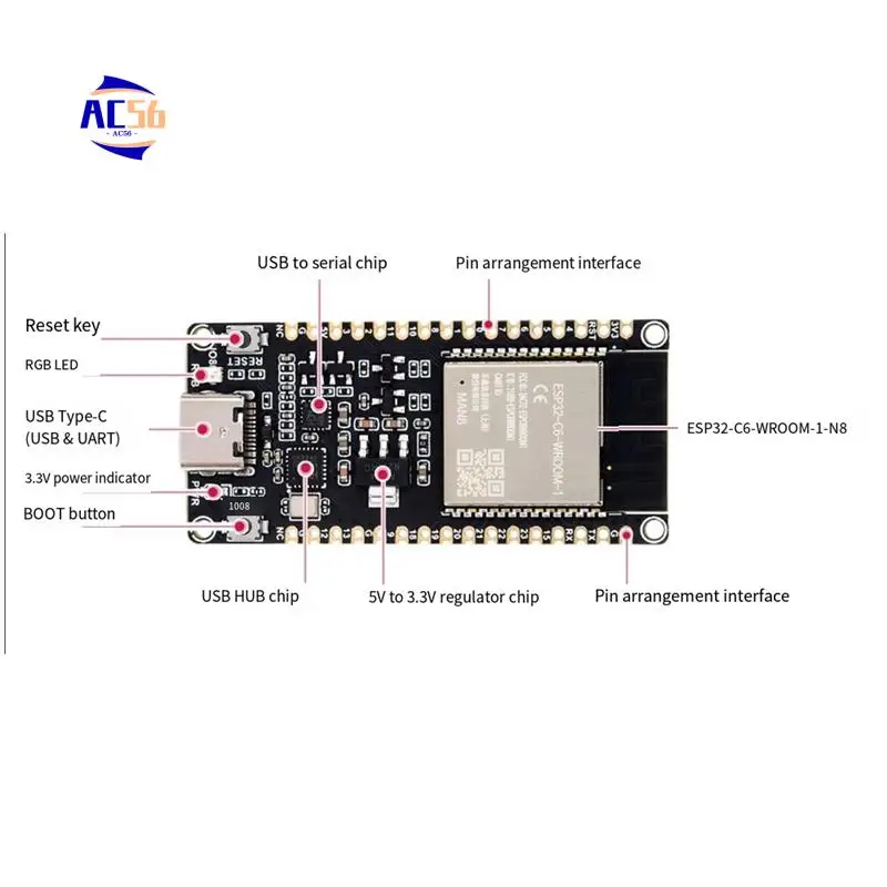 Плата разработки AC56-ESP32-C6 Wi-Fi6 Bluetooth 5 Zigbee Thread 160 МГц одноядерный процессор ESP32-C6-WROOM-1-N8 модуль
Плата разработки AC56-ESP32-C6 Wi-Fi6 Bluetooth 5 Zigbee Thread 160 МГц одноядерный процессор ESP32-C6-WROOM-1-N8 модуль
