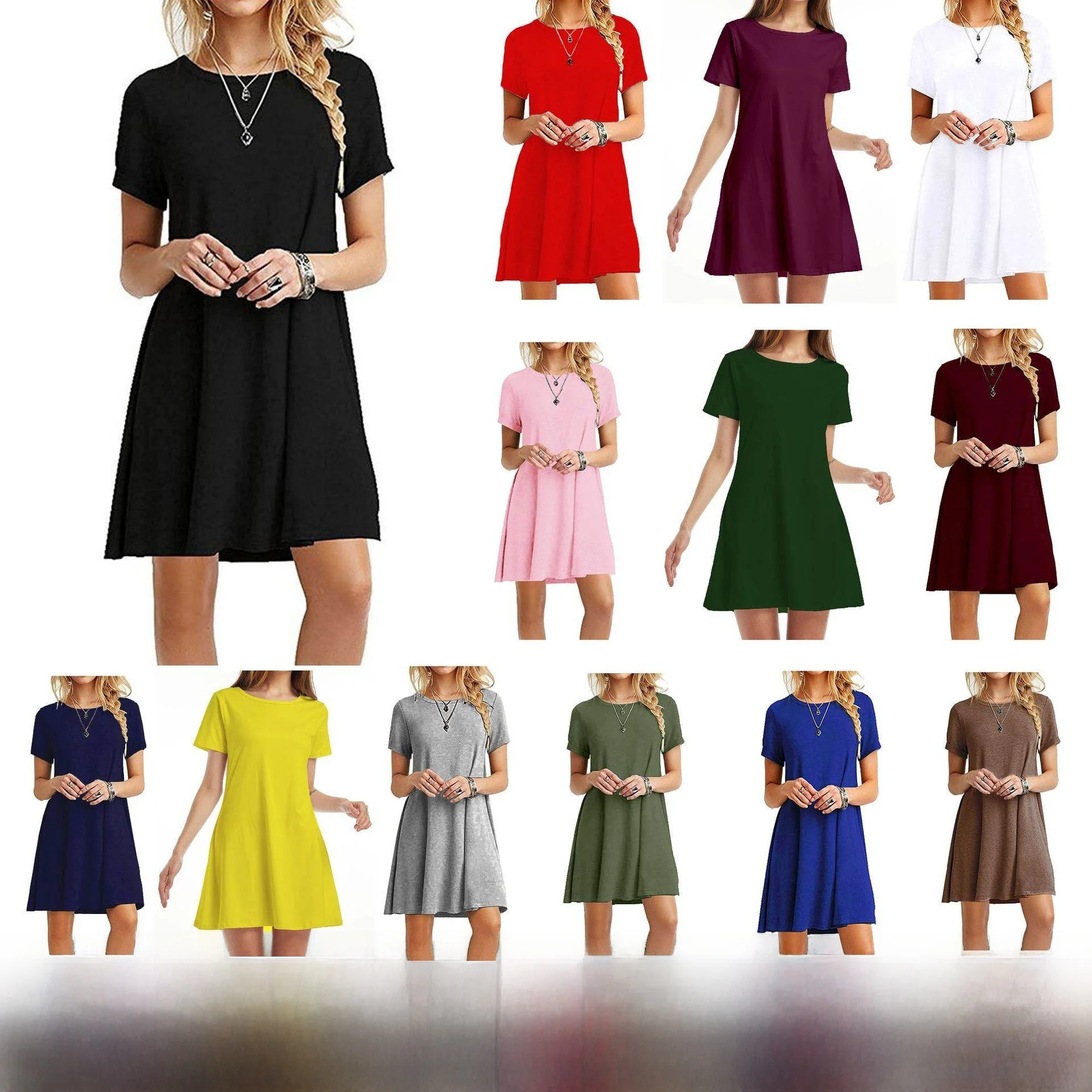Summer Short Sleeve Dress Street Style round Neck Midi A-Line Skirt for Young Women 18-24 Years Old Pure Color Maxi Dress
Summer Short Sleeve Dress Street Style round Neck Midi A-Line Skirt for Young Women 18-24 Years Old Pure Color Maxi Dress