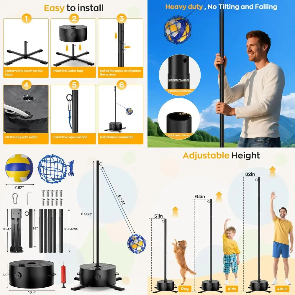 New Version Tetherball Set Heavy Duty , Portable Tetherball Kit with Ball and Rope, Enlarge Base Tetherball Equipment for Outdoo