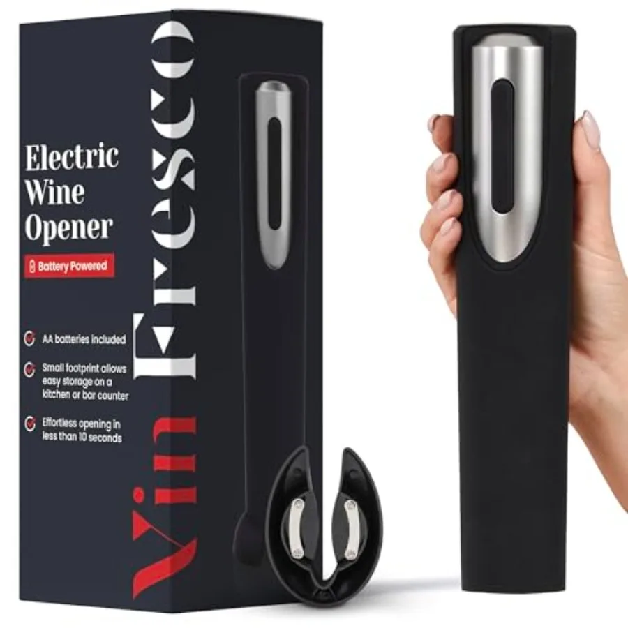 Electric Wine Opener Battery Operated with Stand and Built-in Foil Cutter - Automatic Wine Opener - Electric Corkscrew for Easy
Electric Wine Opener Battery Operated with Stand and Built-in Foil Cutter - Automatic Wine Opener - Electric Corkscrew for Easy
