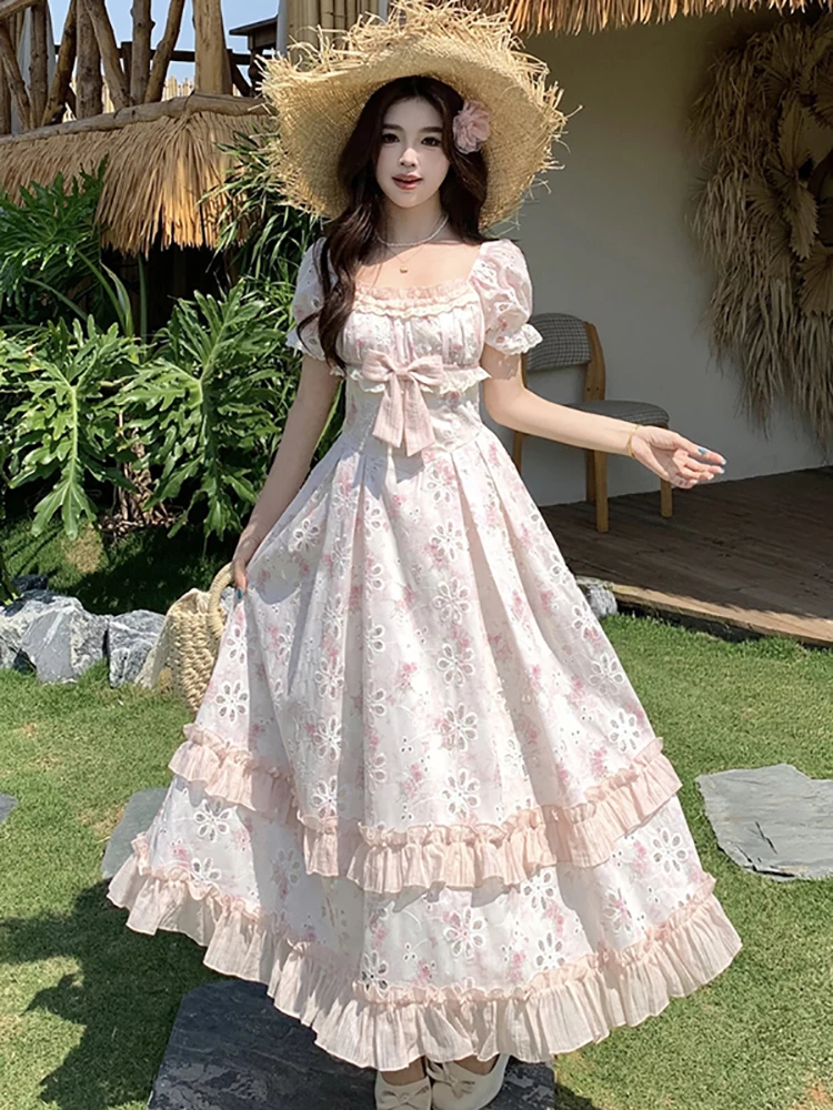 Summer Pink Hollow Out Floral Chic Ruffled Long Dress 2026 New Puff Sleeve Ruffled Square Collar Dress Women Korean Elegant Robe
Summer Pink Hollow Out Floral Chic Ruffled Long Dress 2026 New Puff Sleeve Ruffled Square Collar Dress Women Korean Elegant Robe