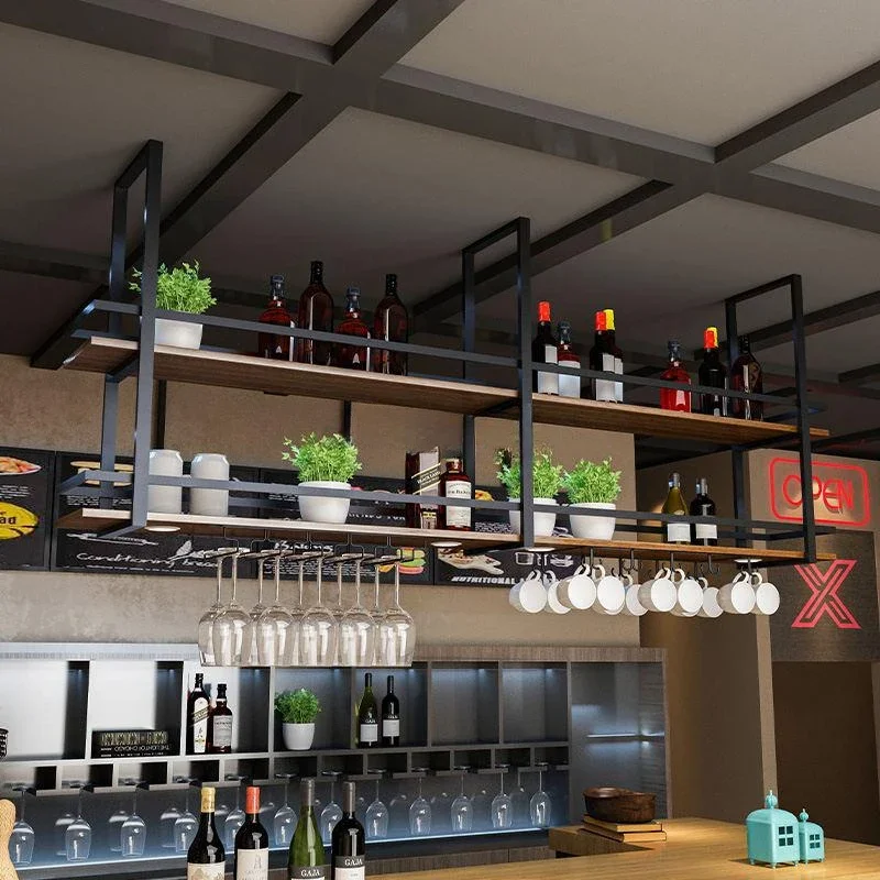Industrial Style Solid Wood Iron Rack, Hanging Storage Bar Counter Design, Restaurant Kitchen Ceiling Cabinet