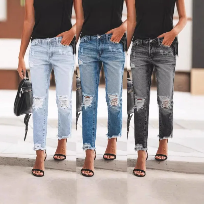 European and American women's vintage-style ripped fashion denim long pants for women
European and American women's vintage-style ripped fashion denim long pants for women
