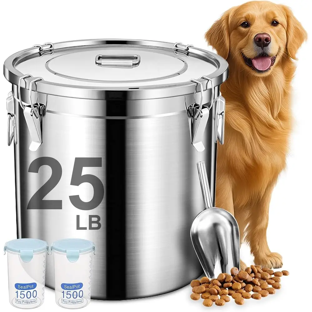 Large Stainless Steel Pet Food Storage with Scoop and 2 Small Containers, 25 lb Capacity
Large Stainless Steel Pet Food Storage with Scoop and 2 Small Containers, 25 lb Capacity