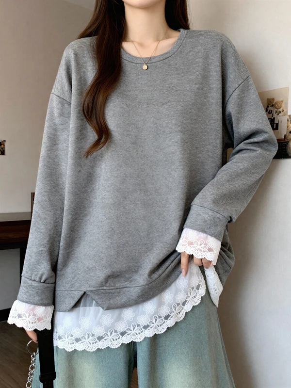 Lace Splice Fake Two-Piece Hoodie Women's plus Size Spring Loose Mid-Length Base Shirt Korean Style Long Sleeve round Neck
Lace Splice Fake Two-Piece Hoodie Women's plus Size Spring Loose Mid-Length Base Shirt Korean Style Long Sleeve round Neck