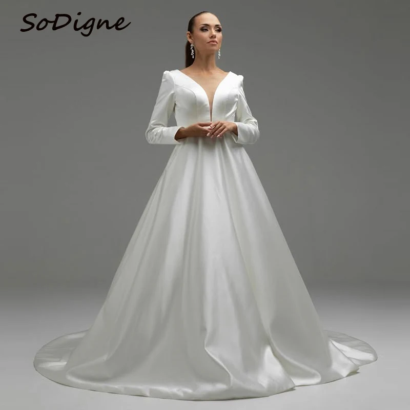 SoDigne A-line Satin Wedding Dresses V-neck Full Sleeves Bride Dress Elegant Long Wedding Gown vestidos de novia Customized
SoDigne A-line Satin Wedding Dresses V-neck Full Sleeves Bride Dress Elegant Long Wedding Gown vestidos de novia Customized