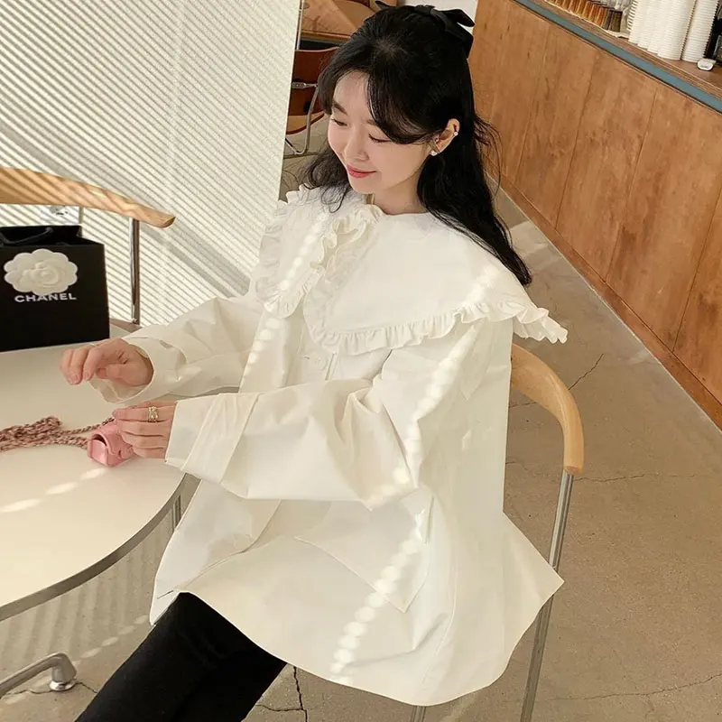 Chic Sweet Girl Collar Splice Wooden Ear ort Single Button Loose Casual Long Sve Women's irt Autumn Faion Cotton Blend
Chic Sweet Girl Collar Splice Wooden Ear ort Single Button Loose Casual Long Sve Women's irt Autumn Faion Cotton Blend