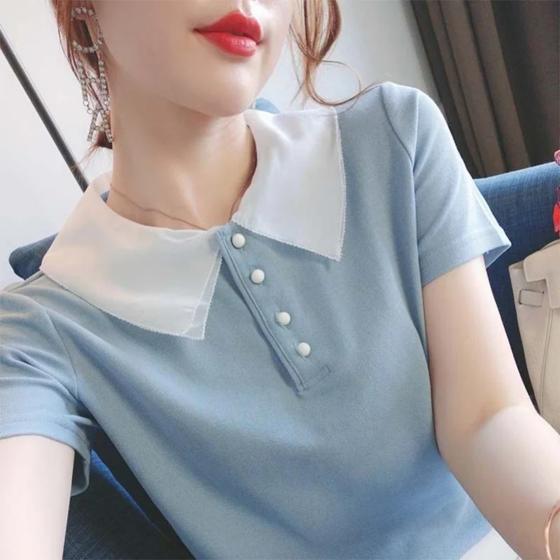 Retro Splicing Polo Collar Short Sleeves T-shirt for Women Summer Casual Slim Temperament Solid Color Tops Trendy Women Clothing
Retro Splicing Polo Collar Short Sleeves T-shirt for Women Summer Casual Slim Temperament Solid Color Tops Trendy Women Clothing