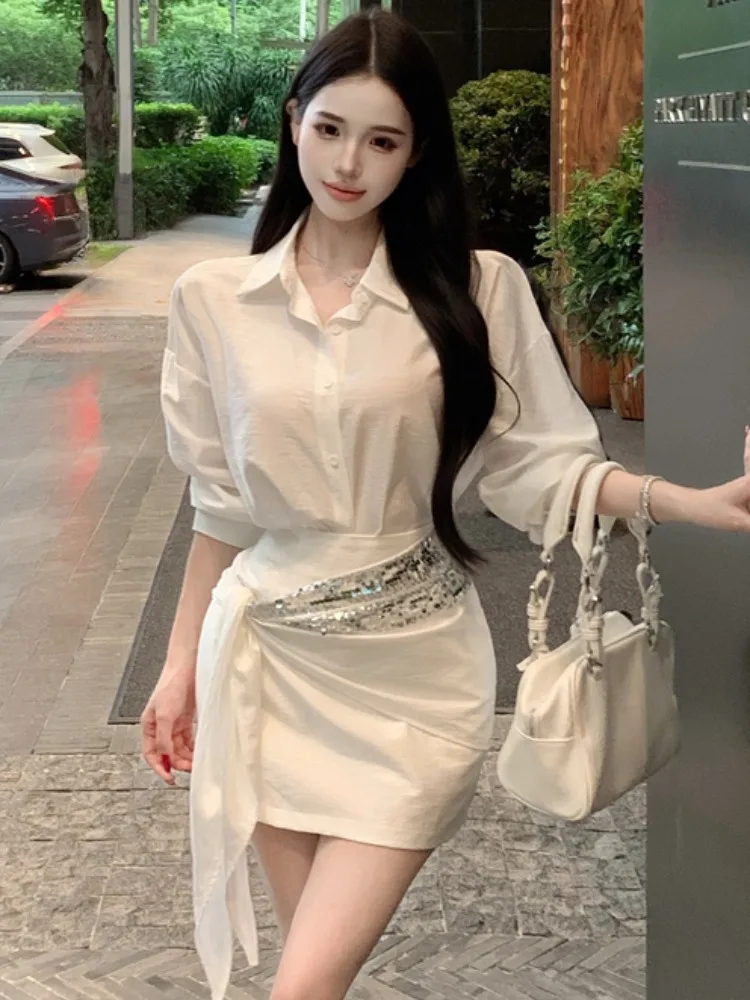 Fall Winter Korean Style Long Sleeve Shirt Asymmetrical Hem Collar Sequin Waist Belt Two Piece Set Fashion Casual Outfit
Fall Winter Korean Style Long Sleeve Shirt Asymmetrical Hem Collar Sequin Waist Belt Two Piece Set Fashion Casual Outfit