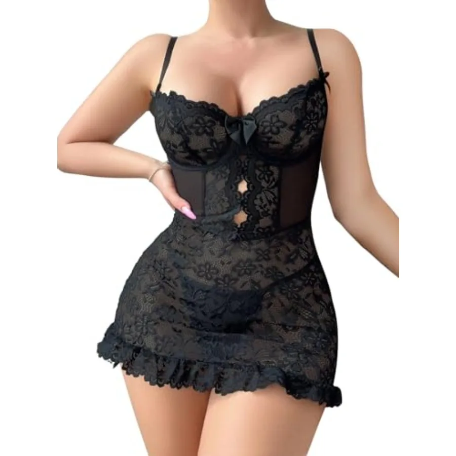 Sexy Mini Bows Ruffle Cutout Floral Lace Sheer Babydoll Lingerie Dress with Thong 2 Pcs
Sexy Mini Bows Ruffle Cutout Floral Lace Sheer Babydoll Lingerie Dress with Thong 2 Pcs