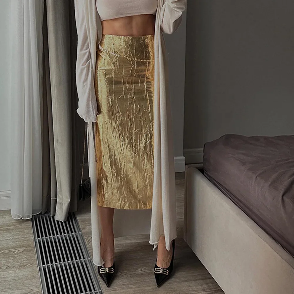 Elegant Metallic Women Midi Skirts High Waist Wrinkle Slit Dress 2024 Spring New Popular Streetwear Sexy Club Party Pencil Skirt
Elegant Metallic Women Midi Skirts High Waist Wrinkle Slit Dress 2024 Spring New Popular Streetwear Sexy Club Party Pencil Skirt