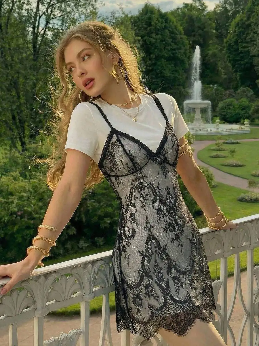 Black Lace Overlay Mini Dress With White Short Sleeve Base Sheer Floral Pattern Vintage Summer Womens Dress
Black Lace Overlay Mini Dress With White Short Sleeve Base Sheer Floral Pattern Vintage Summer Womens Dress