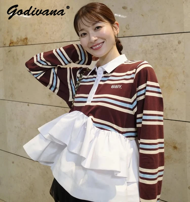 Japanese Style Classic Ruffled Hem Striped Long Sleeve T-Shirt Spring and Autumn Women's Casual Polo Shirt Casual Tops
Japanese Style Classic Ruffled Hem Striped Long Sleeve T-Shirt Spring and Autumn Women's Casual Polo Shirt Casual Tops