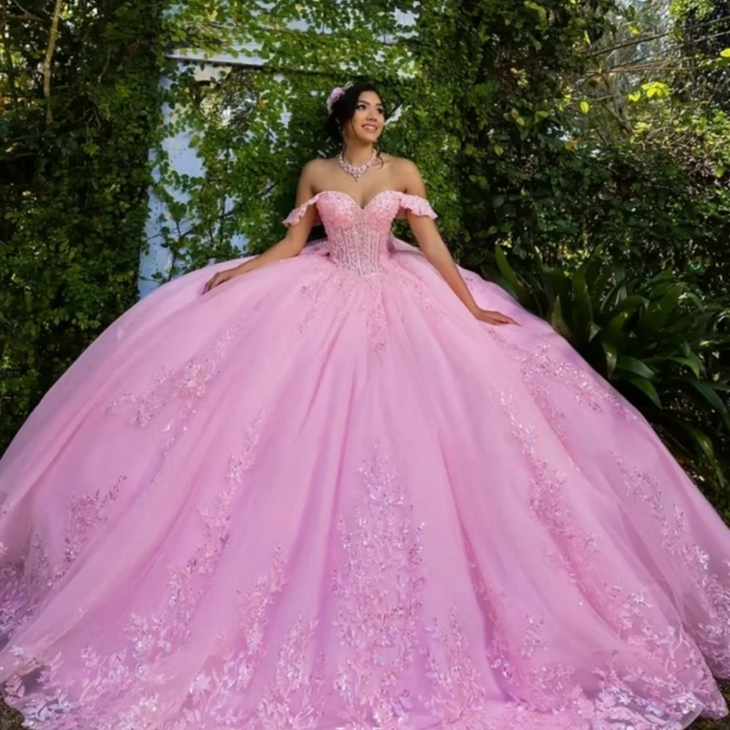 Pink Shiny Ball Gown Quinceanera Dresses Applique Lace Beading Crystal Tiered Tull Bow Corset Off The Shoulder Sweet 16 dress
Pink Shiny Ball Gown Quinceanera Dresses Applique Lace Beading Crystal Tiered Tull Bow Corset Off The Shoulder Sweet 16 dress
