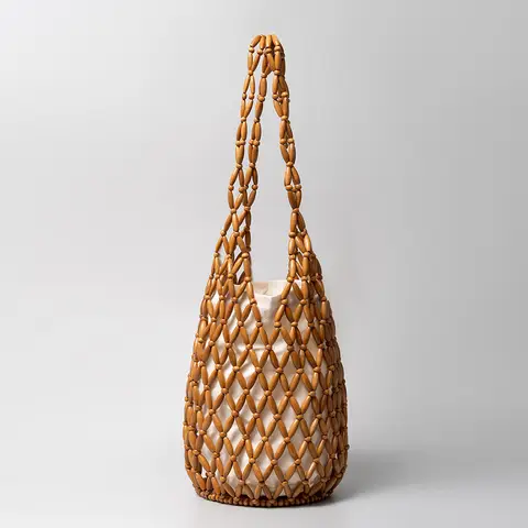 Bolso de mano tejido para mujer, diseño exquisito, bolso de mano con cuentas de madera ahuecadas, bolso de hombro tipo Bombonera, bolso hecho a mano con cuentas