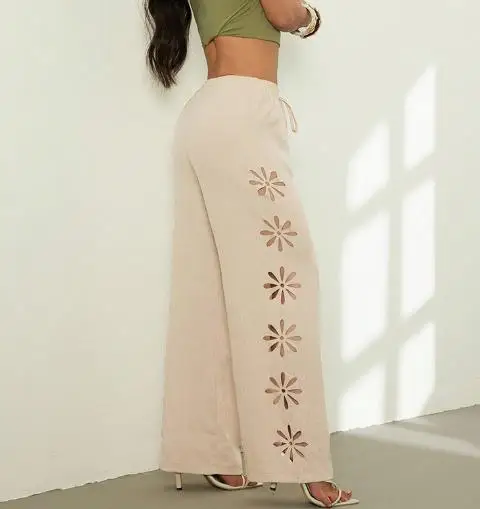 Fashionable High Waisted Casual Hollow Solid Color Pants 2025 Summer Women's Lace Up Hollow Flower Design Straight Leg Pants
Fashionable High Waisted Casual Hollow Solid Color Pants 2025 Summer Women's Lace Up Hollow Flower Design Straight Leg Pants