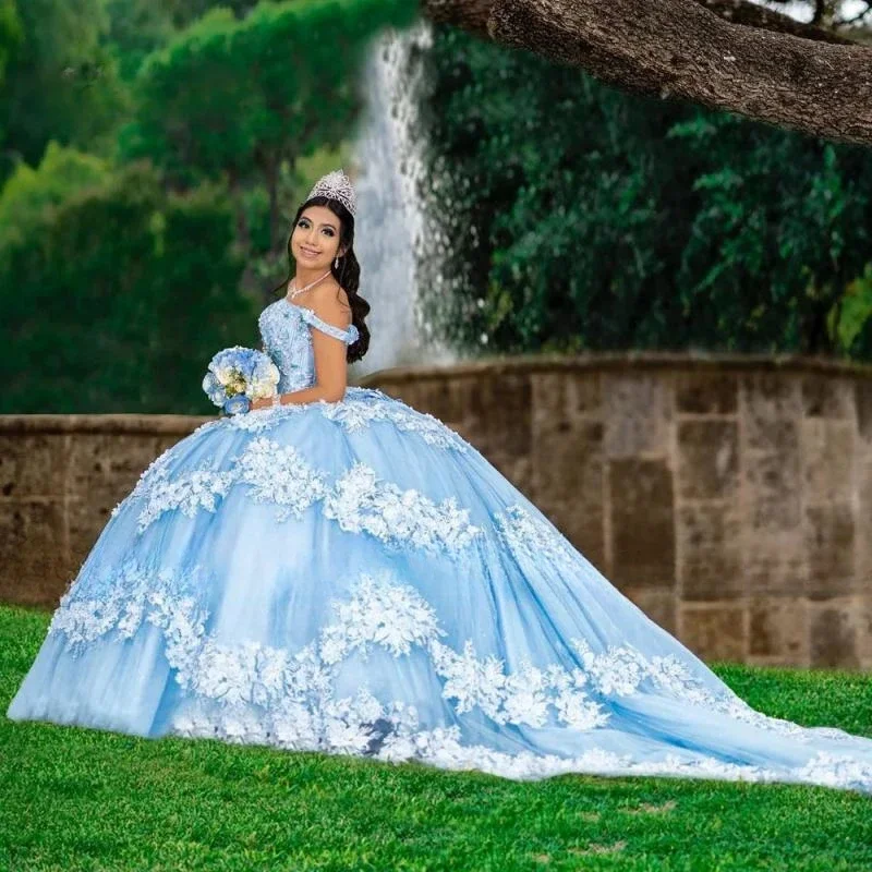Sky Blue Quinceanera Dress 2024 Beading Crytals 3D Floral Lace Appliques Ball Gown Sweet 16 Party Princess Dress Long Train
Sky Blue Quinceanera Dress 2024 Beading Crytals 3D Floral Lace Appliques Ball Gown Sweet 16 Party Princess Dress Long Train