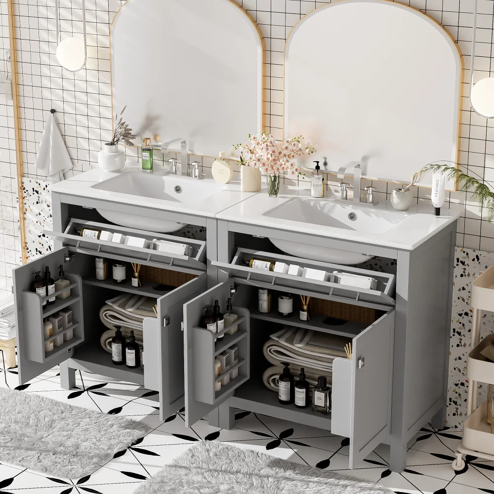 Современная серая тумба для ванной 60 дюймов: две керамические раковины, регулируемая полка, дверцы с плавным закрыванием, выдвижной ящик
Современная серая тумба для ванной 60 дюймов: две керамические раковины, регулируемая полка, дверцы с плавным закрыванием, выдвижной ящик