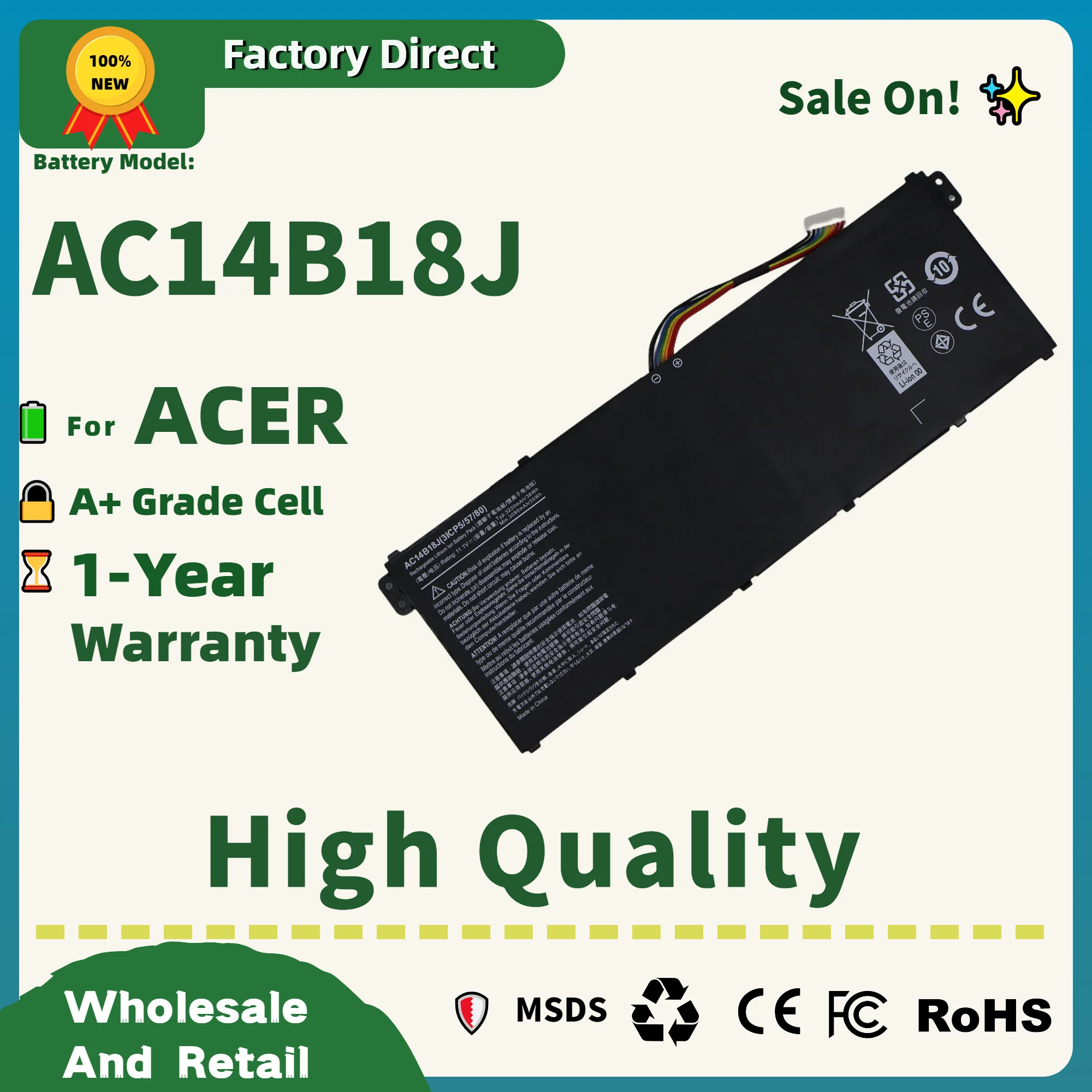 Factory Direct! AC14B18J AC14B13J Laptop Battery for Acer Aspire E3-111 E3-112 E3-112M ES1-531 MS2394 B115-MP EX2519 N15Q3 N15W4
Factory Direct! AC14B18J AC14B13J Laptop Battery for Acer Aspire E3-111 E3-112 E3-112M ES1-531 MS2394 B115-MP EX2519 N15Q3 N15W4