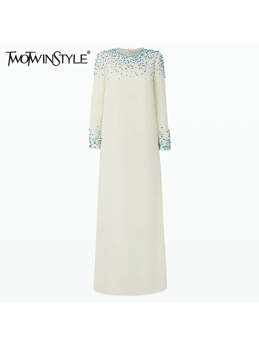 TWOTWINSTYLE Solid Spliced Diamonds Loose Long Dresses For Women O Neck Long Sleeve High Waist Temperament Dress Female Fashion
TWOTWINSTYLE Solid Spliced Diamonds Loose Long Dresses For Women O Neck Long Sleeve High Waist Temperament Dress Female Fashion