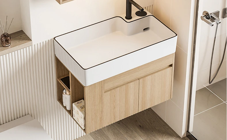 Bathroom cabinet, wooden color, small unit, ceramic integrated basin, wash basin cabinet combination
Bathroom cabinet, wooden color, small unit, ceramic integrated basin, wash basin cabinet combination