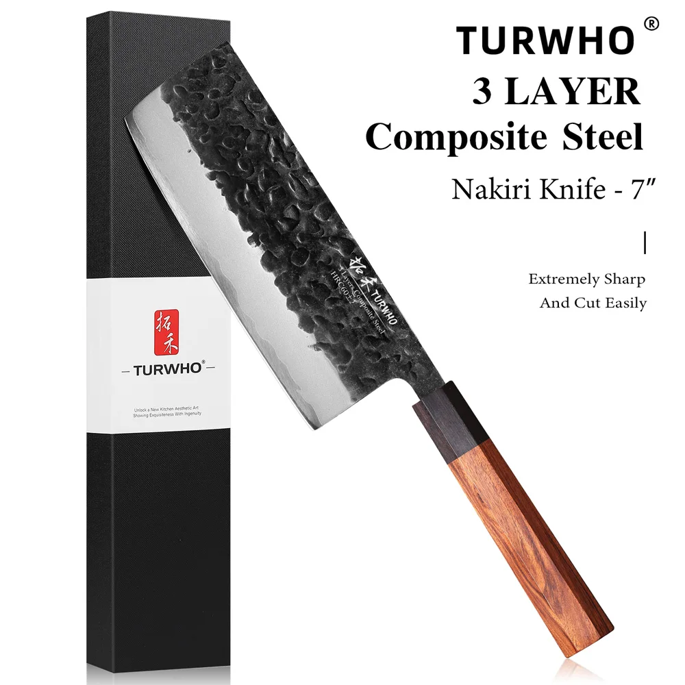TURWHO Japanese nakiri chef knife, 7 inch,3-layer composite steel 10cr15mov,Ebony and Rosewood handle,kitchen meat slicing knife
TURWHO Japanese nakiri chef knife, 7 inch,3-layer composite steel 10cr15mov,Ebony and Rosewood handle,kitchen meat slicing knife