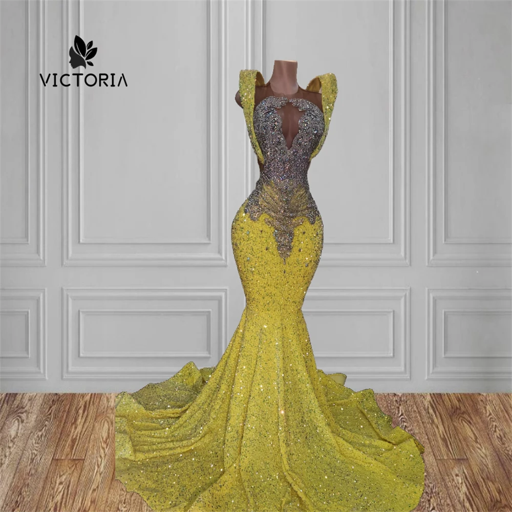 Elegant Yellow Sequin Silver Rhinestone Prom Dresses For Black Girl Sheer Sparkly Diamonds Mermaid Prom Gala Dress African robe
Elegant Yellow Sequin Silver Rhinestone Prom Dresses For Black Girl Sheer Sparkly Diamonds Mermaid Prom Gala Dress African robe
