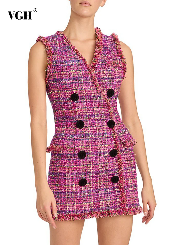 VGH Tweed Slimming Dresses For Women V Neck Sleeveless High Waist Patchwork Double Breasted Mini Dress Female Summer Clothing
VGH Tweed Slimming Dresses For Women V Neck Sleeveless High Waist Patchwork Double Breasted Mini Dress Female Summer Clothing