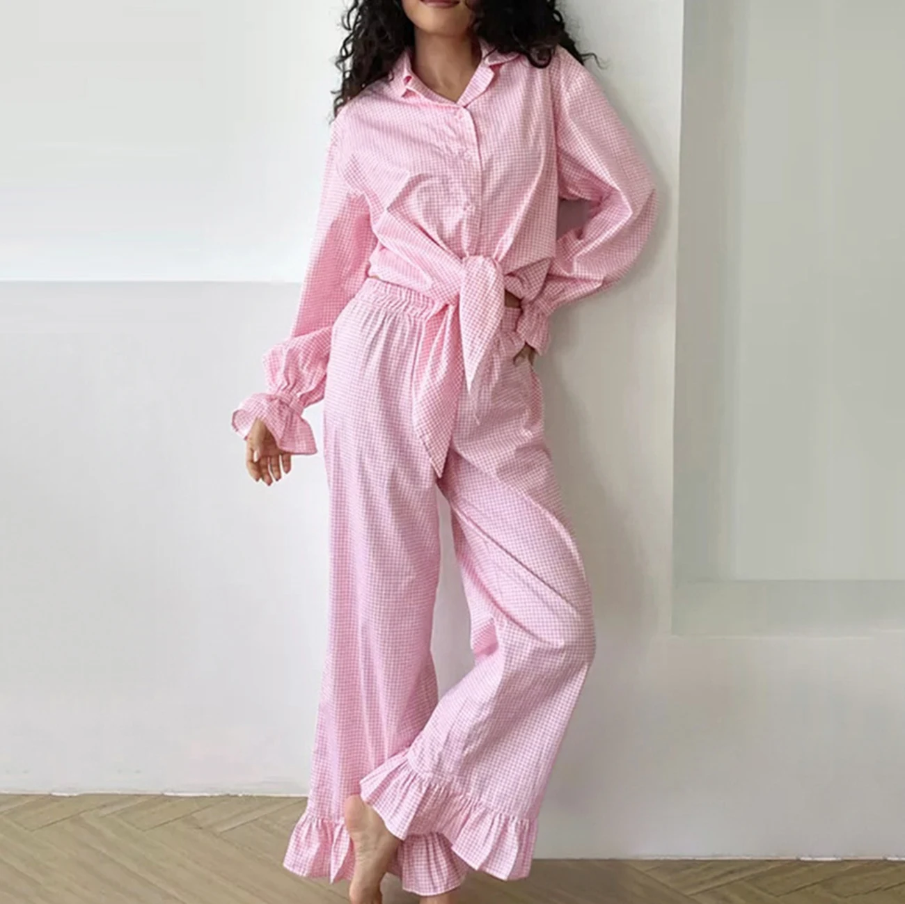 WXOY Women Pink Gingham Pajama Set 2 Pieces Long Sleeve Button Down Shirt Ruffle Wide Leg Pants Casual Loungewear Sleepwear 2026
WXOY Women Pink Gingham Pajama Set 2 Pieces Long Sleeve Button Down Shirt Ruffle Wide Leg Pants Casual Loungewear Sleepwear 2026