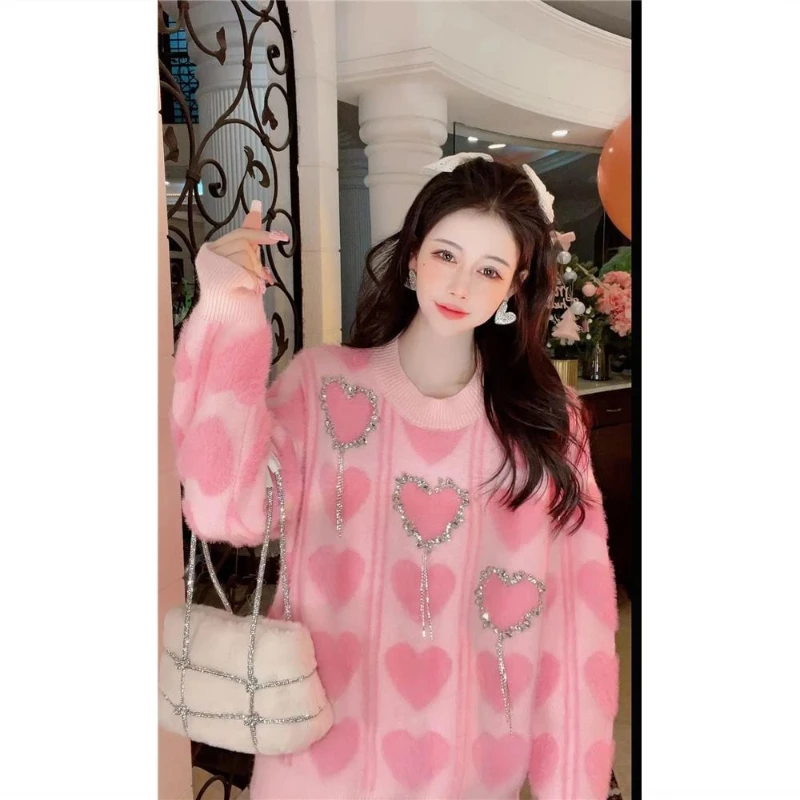 Heart nail bead tassel design round neck loose and versatile fashionable sweet imitation mink fur sweater for women
Heart nail bead tassel design round neck loose and versatile fashionable sweet imitation mink fur sweater for women