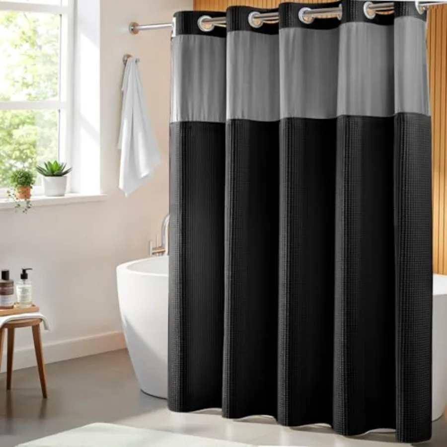 Black Fabric Shower Curtain Set, Cotton Blend, Waffle Weave, with Snap in Replacement Liner 71 x 74 inches
Black Fabric Shower Curtain Set, Cotton Blend, Waffle Weave, with Snap in Replacement Liner 71 x 74 inches