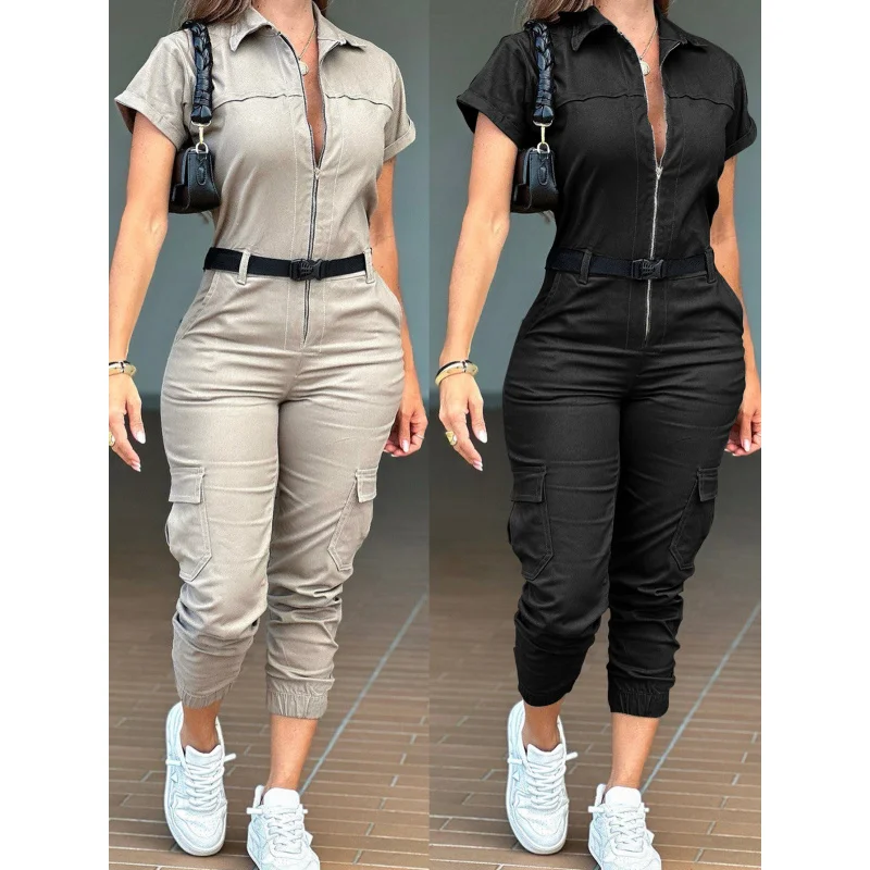 Best-Selling New Type Women's Casual Fashion Work Clothes Jumpsuit Short Sleeve Lapel Zipper Pocket Belt Jumpsuit
Best-Selling New Type Women's Casual Fashion Work Clothes Jumpsuit Short Sleeve Lapel Zipper Pocket Belt Jumpsuit