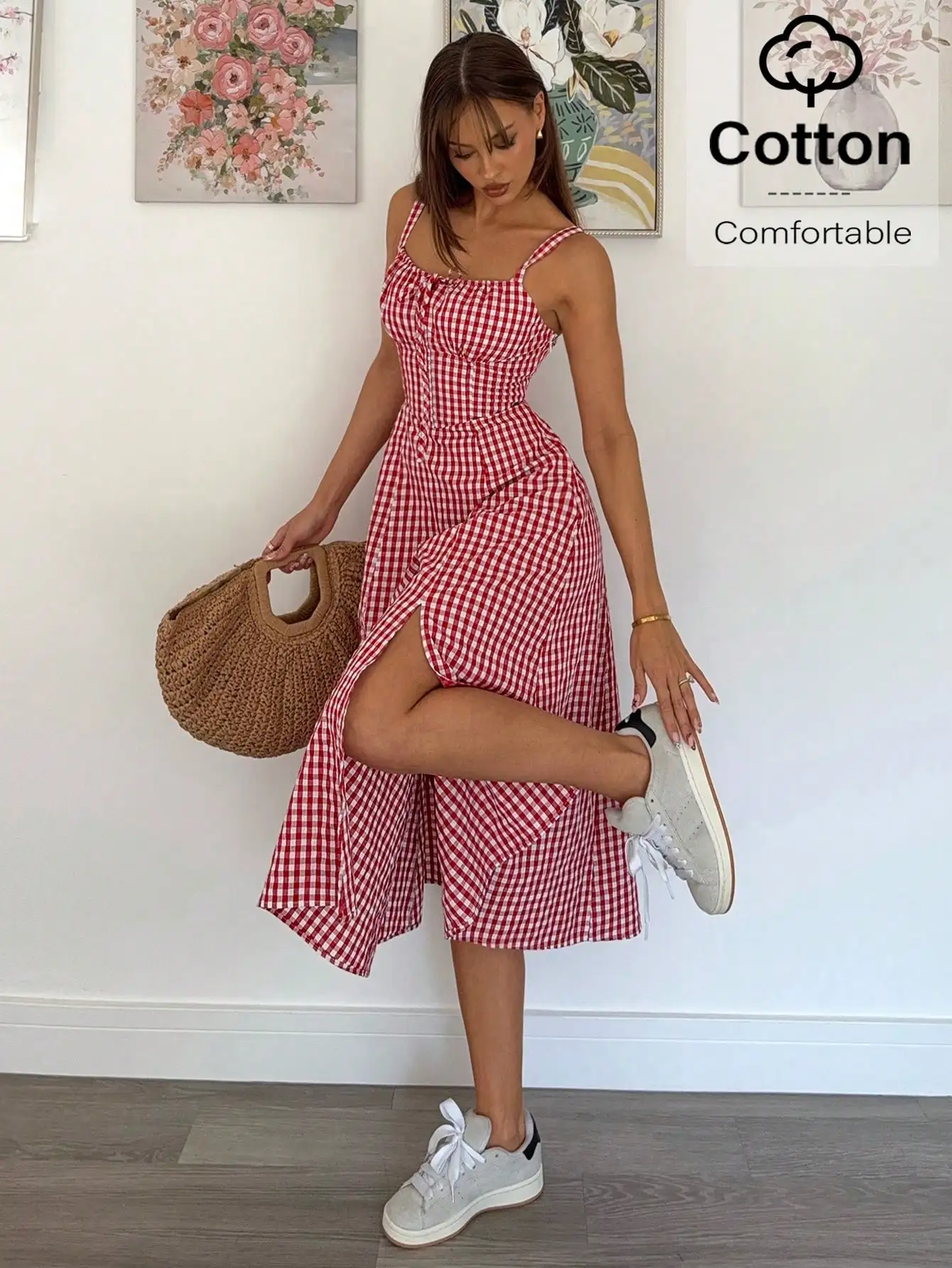 Red White Gingham Strap Midi Dress with Side Slit, Cotton, Casual Summer Wear
Red White Gingham Strap Midi Dress with Side Slit, Cotton, Casual Summer Wear