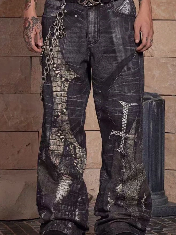 Men's Gothic Crocodile Snake Print Wide Leg Jeans Vintage Washed Denim Pants Streetwear Fashion Loose Straight Fit Trousers
Men's Gothic Crocodile Snake Print Wide Leg Jeans Vintage Washed Denim Pants Streetwear Fashion Loose Straight Fit Trousers