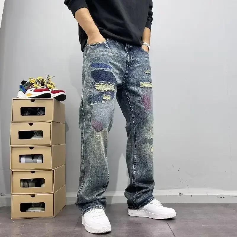 2025 Summer American Retro Loose Straight Leg Jeans for Men with Torn Holes, Patch Fabric, Versatile Long Pants in Blue
2025 Summer American Retro Loose Straight Leg Jeans for Men with Torn Holes, Patch Fabric, Versatile Long Pants in Blue