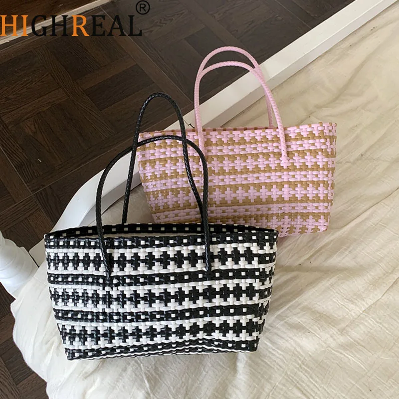 HIGHREAL New PVC Handheld Hollow Woven Tote Bag Vegetable Basket Shoulder Bags Beach Vacation Handbag Summer
HIGHREAL New PVC Handheld Hollow Woven Tote Bag Vegetable Basket Shoulder Bags Beach Vacation Handbag Summer
