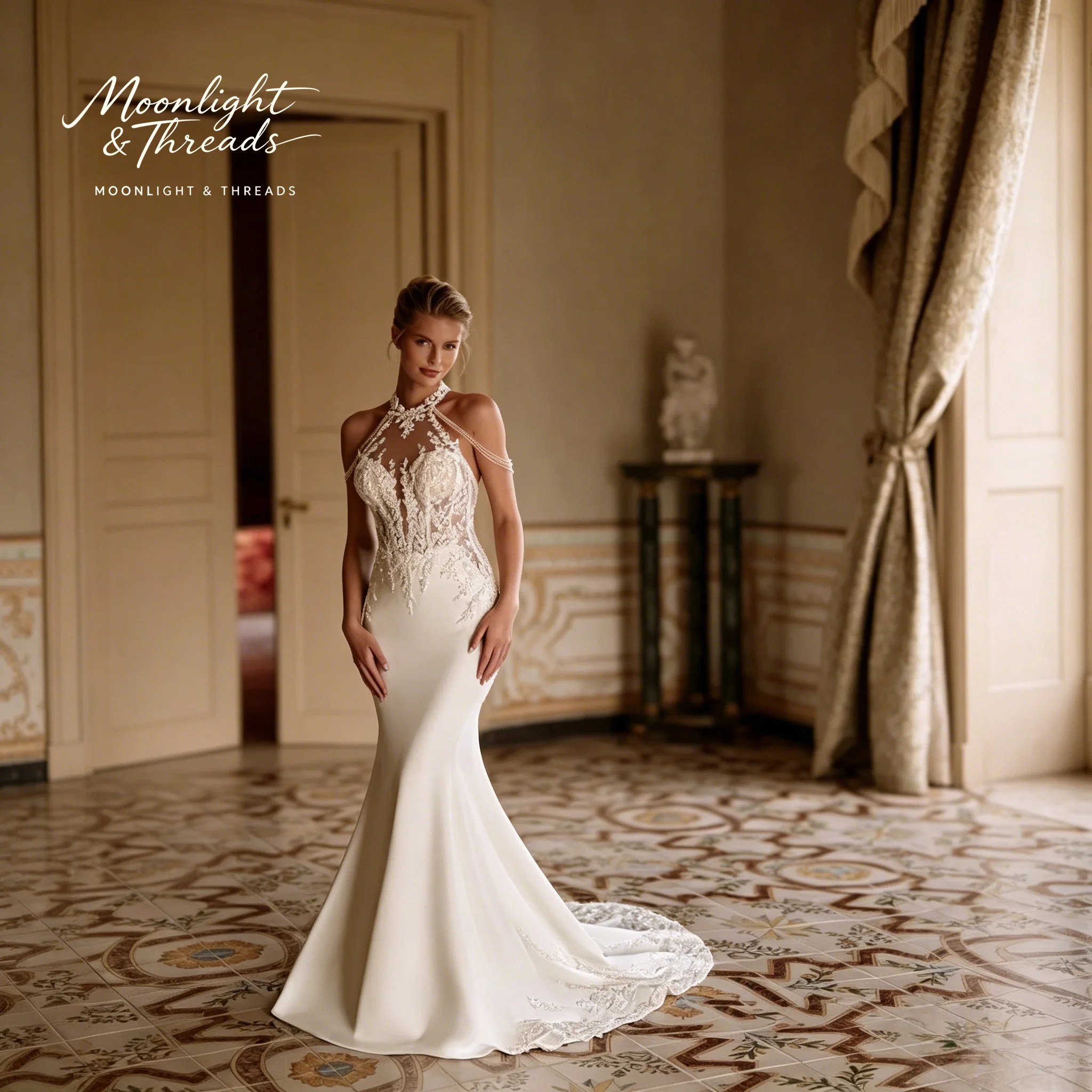 Ivory white satin halter neck strapless mermaid floor-length formal wedding dress with openwork embroidery and exposed back
Ivory white satin halter neck strapless mermaid floor-length formal wedding dress with openwork embroidery and exposed back