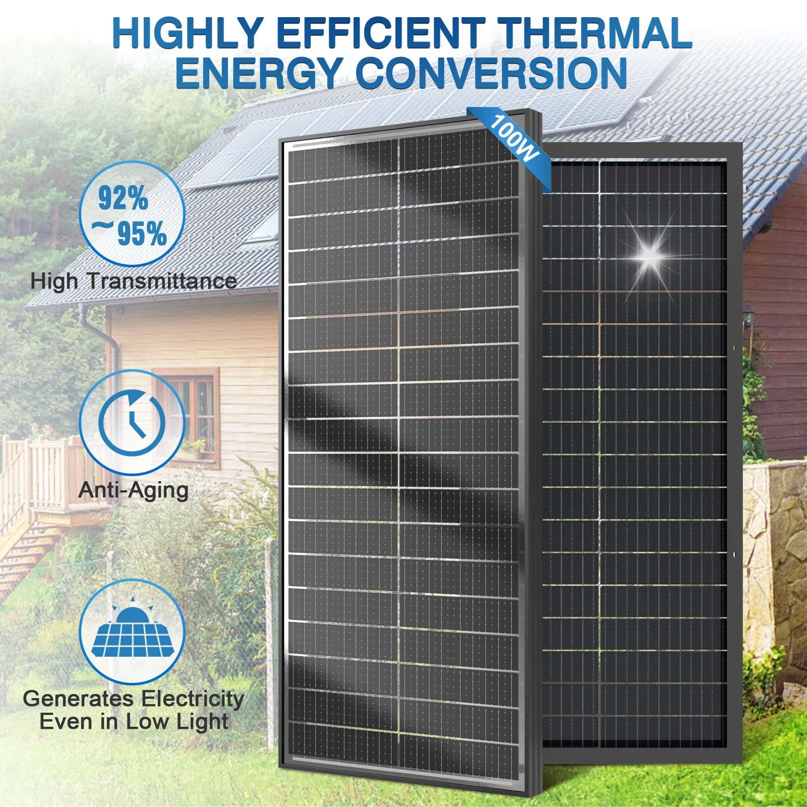 WERCHTAY 100W 12V Double Sided Solar Panels Monocrystalline 25.5% High-Efficiency 18BB Cells PV Power for Home Rooftop Camping
WERCHTAY 100W 12V Double Sided Solar Panels Monocrystalline 25.5% High-Efficiency 18BB Cells PV Power for Home Rooftop Camping