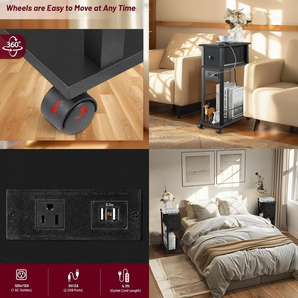Black 2-Piece Side Table Set with Charging Station, USB Ports, AC Outlet, Drawer, and Wheels for Bedroom, Living Room, Office
Black 2-Piece Side Table Set with Charging Station, USB Ports, AC Outlet, Drawer, and Wheels for Bedroom, Living Room, Office