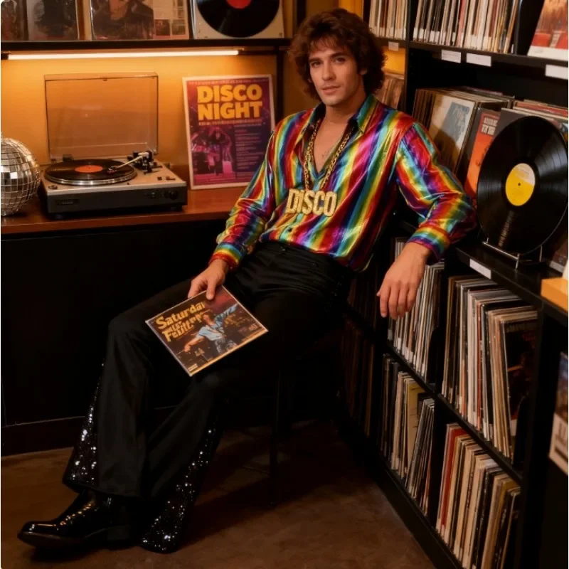 Mens 70s Theme Party Outfit Shiny Disco Suit Retro Flared Pants Performance Costume
Mens 70s Theme Party Outfit Shiny Disco Suit Retro Flared Pants Performance Costume