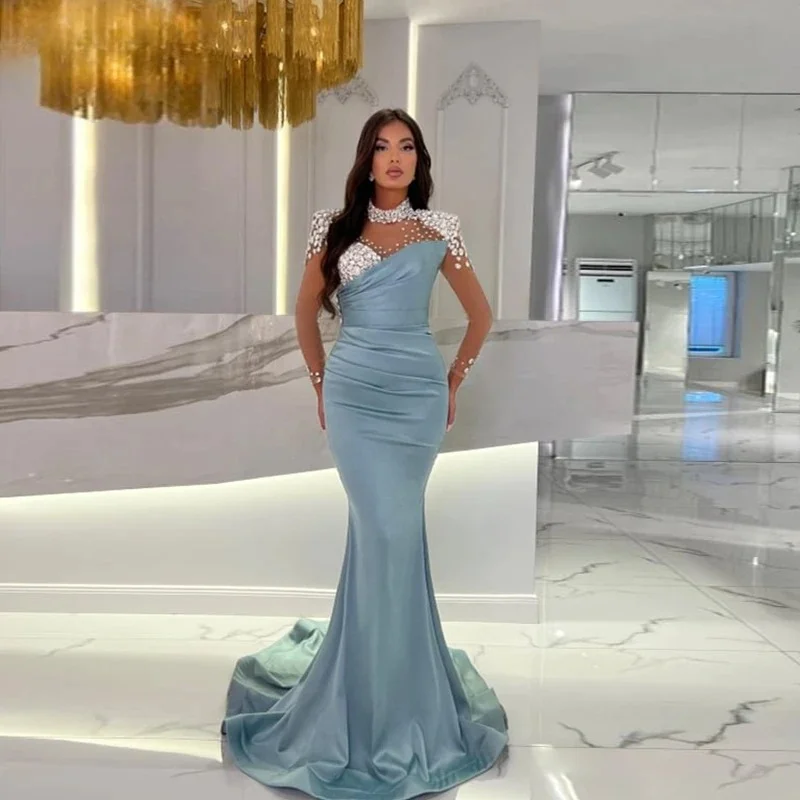 Luxury High Neck Crystal Mermiad Prom Dresses Long Sleeves Beaded Formal Evening Party Gown Classic Satin Floor Length Gowns
Luxury High Neck Crystal Mermiad Prom Dresses Long Sleeves Beaded Formal Evening Party Gown Classic Satin Floor Length Gowns