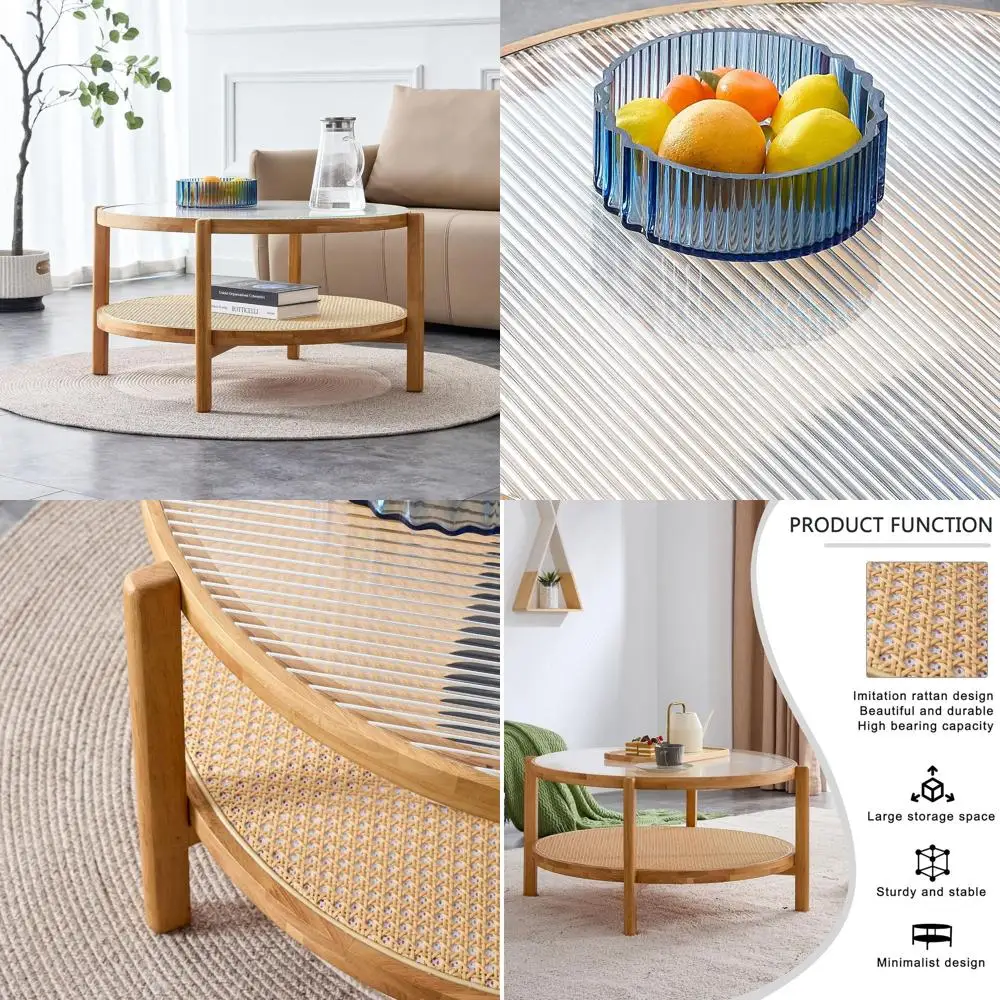 Mid-Century Modern 2-Tier Round Coffee Table with Glass Top and Rattan Shelf for Small Living Spaces
Mid-Century Modern 2-Tier Round Coffee Table with Glass Top and Rattan Shelf for Small Living Spaces