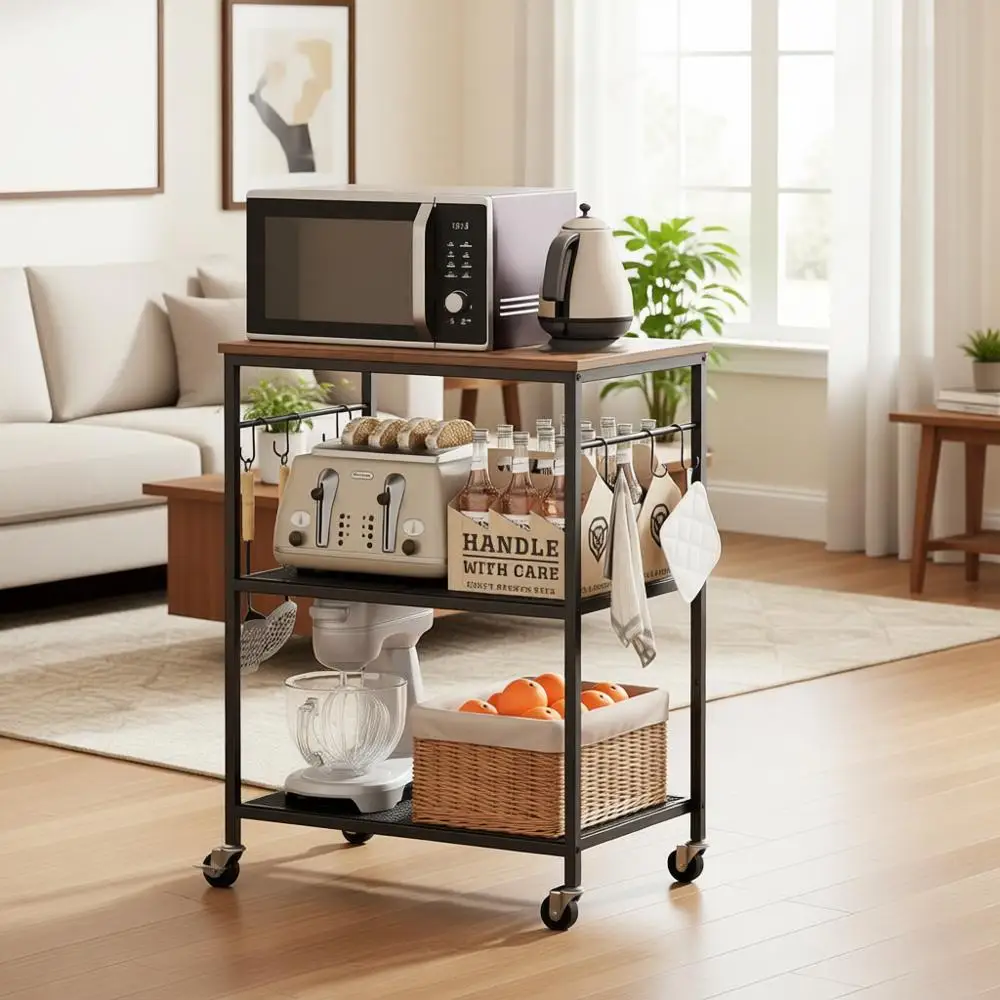 3-Tier Rolling Kitchen Cart with Microwave Stand, Utility Table on Locking Wheels, Coffee Bar with 6 Hooks, Storage Shelf, Rusti
3-Tier Rolling Kitchen Cart with Microwave Stand, Utility Table on Locking Wheels, Coffee Bar with 6 Hooks, Storage Shelf, Rusti