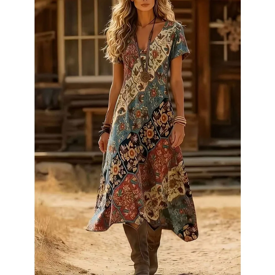【New style】Plus Size Women's Retro Western V-Neck Floral Print Short Sleeve Casual Dress, Spring/Summer Elegant
【New style】Plus Size Women's Retro Western V-Neck Floral Print Short Sleeve Casual Dress, Spring/Summer Elegant
